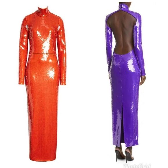 Revolve LaQuan Smith Orange Sequin Mock Neck Long Sleeve Cutout Column Gown L - Picture 2 of 10